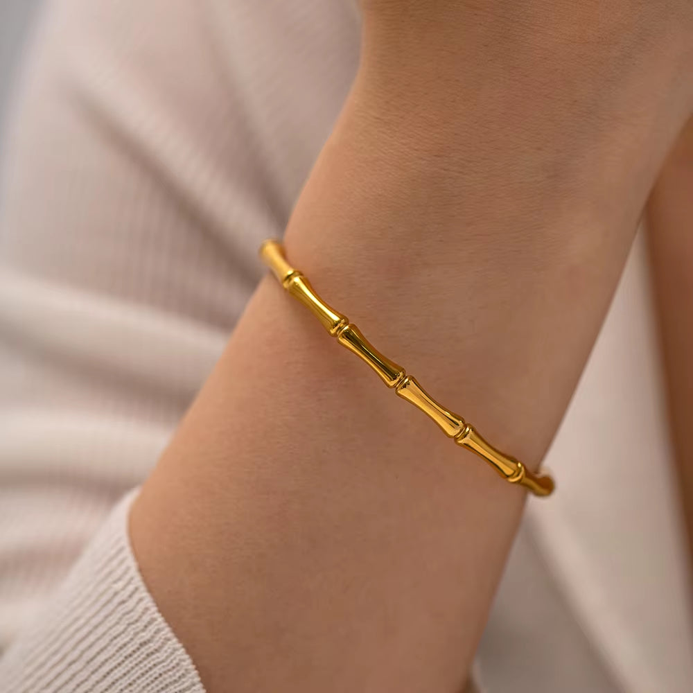 Youthway New Stainless Steel Gold Color Bamboo Closed Bracelet 18K Gold Plated Waterproof Fashion Women Jewelry