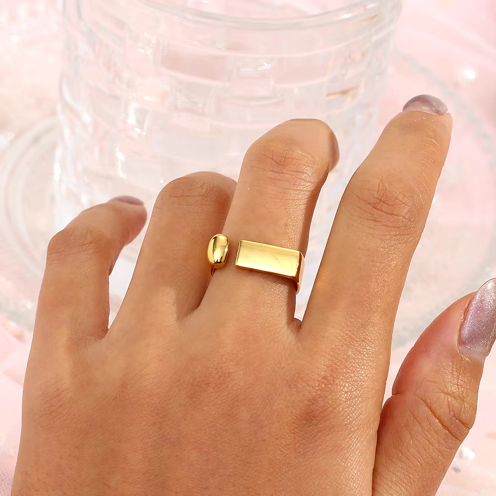 New Open Size Geometric Bar Shape Gold Ring Stainless Steel 18K Gold Plated Rings for Woman Female Gold Jewelry