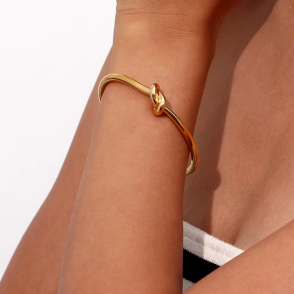 Minimalist 18K Gold Plated Knot Cuff Bangle Bracelets for Women Stainless Steel Waterproof Jewelry for Female